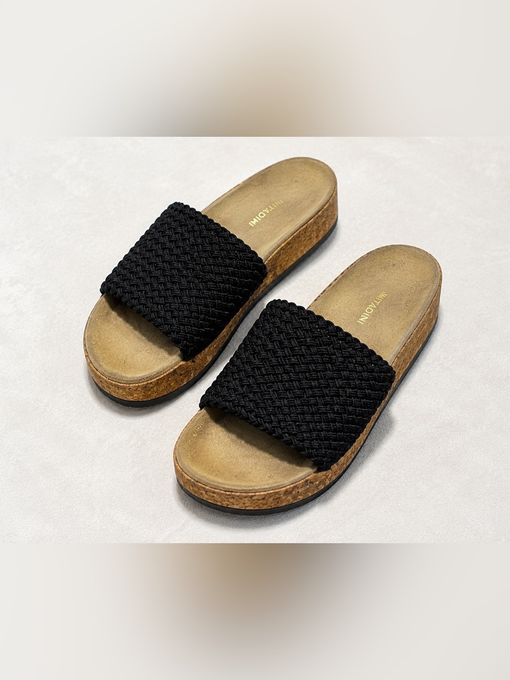 Adrienne Vittadini Black Woven Cork-Platform Slide Sandals